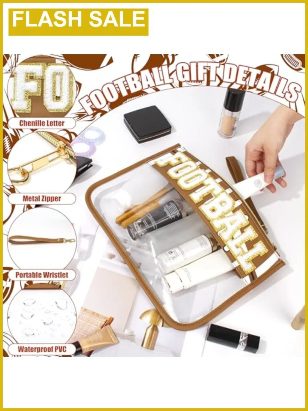 Clear PVC Football Makeup Bag Chenille Letter Patch Waterproof Cosmetic Pouch